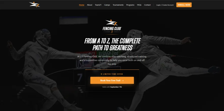 The Z1 Fencing Club homepage, with the free-trial offer